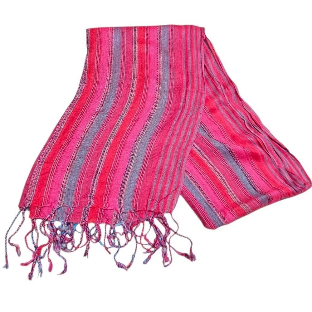 Open Hand India Pink Blue Striped Scarf‎ Tassels Lightweight Woven
